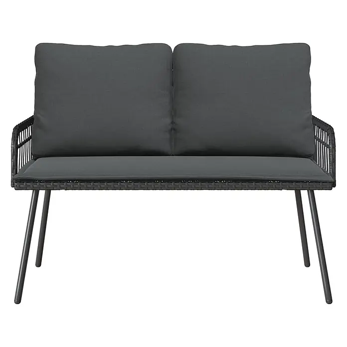 Furnicato Gartenbank Poly-Rattan Anthrazit - B x T x H: 64 x 114 x 90 cm, Schwarz und Dunkelgrau - Zweisitzer Gartenbank mit dunkelgrauen Kissen und dunkelgrauem Geflechtrahmen auf Metallbeinen.