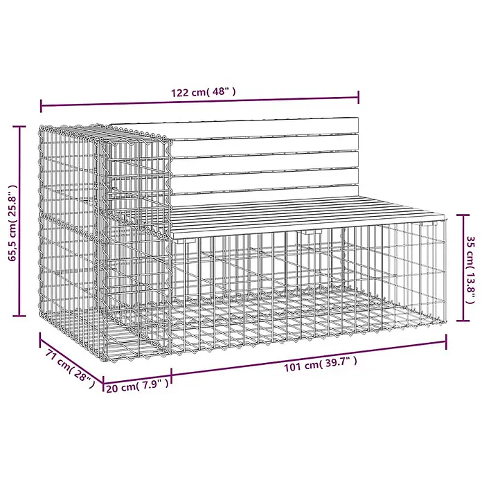 Furnicato Gartenbank Kiefernholz - B x T x H: 122 x 71 x 65,5 cm, Natürliche Kiefer - Gabionenbank aus Metall mit Holzsitze und Rückenlehne, Maße sind gezeigt.