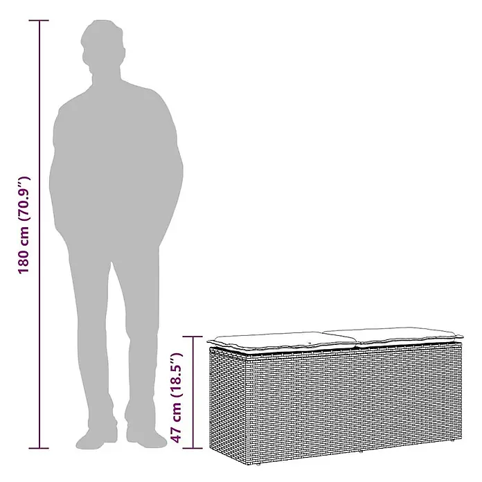 Furnicato Gartenbank - B x T x H: 110 x 40 x 44 cm, Braun - Dunkelbraune Rattan-Aufbewahrungsbox mit Kissen, neben einer Person zur Veranschaulichung der 47 cm Höhe.