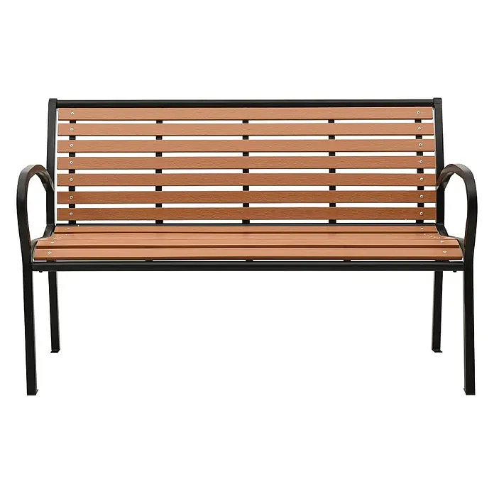 Furnicato Gartenbank WPC - B x T x H: 116 x 59 x 81 cm, Braun - Outdoor-Parkbank mit schwarzem Metallrahmen und brauner Holzlattenoptik-Sitzfläche und Rückenlehne.
