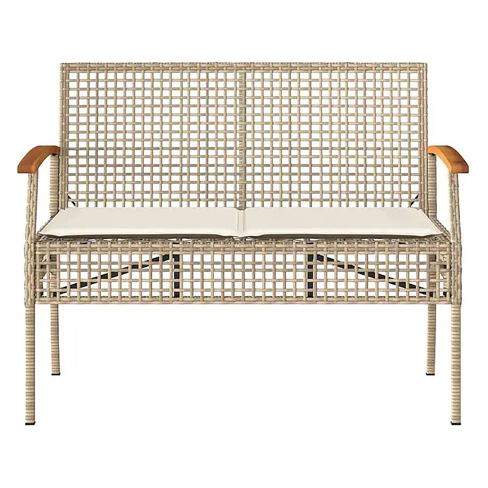 Furnicato Gartenbank - Beige - Beige geflochtene Rattan-Gartenbank mit cremefarbenen Kissen und Holzarmlehnen.