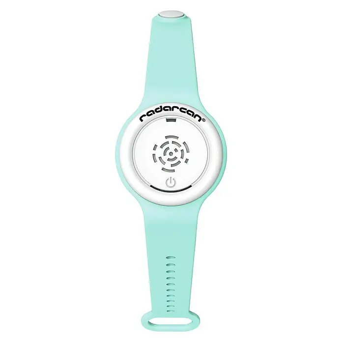 Antimosquitos personal plus R-100 - Multicolor, Con interruptor - Pulsera antiplagas Radarcan de color menta con una caja redonda y círculos concéntricos en su superficie.