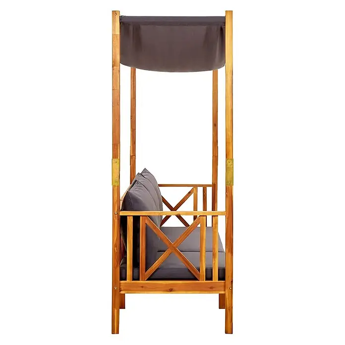 Furnicato Gartenbank Akazienholz geölt - B x T x H: 179 x 66 x 180 cm, Dunkelgrau - Holz-Gartenbank mit dunkelgrauem Vordach und Kissen, bietet Sitzgelegenheiten im Freien mit Schatten.