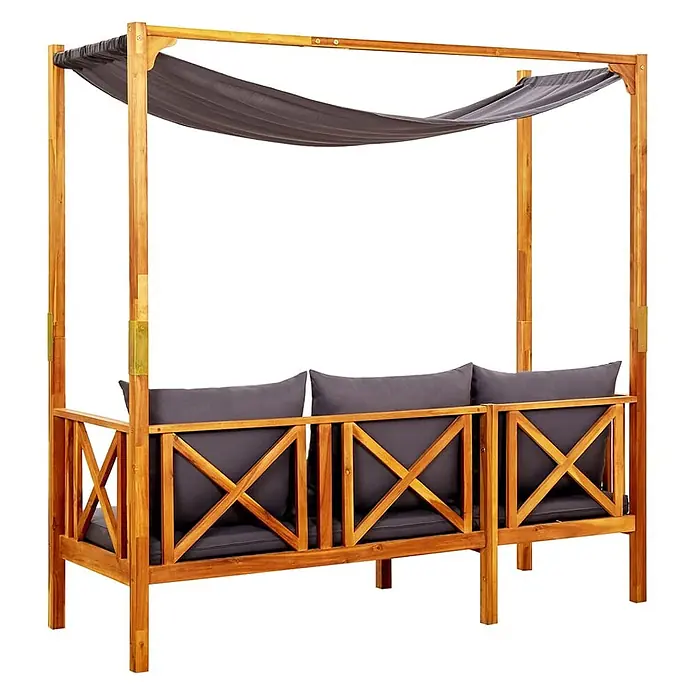Furnicato Gartenbank Akazienholz geölt - B x T x H: 179 x 66 x 180 cm, Dunkelgrau - Holztagesbett für den Garten mit dunkelgrauen Kissen und passendem verstellbarem Baldachin.