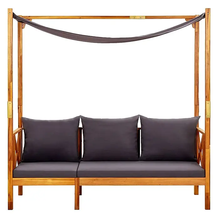 Furnicato Gartenbank Akazienholz geölt - B x T x H: 179 x 66 x 180 cm, Dunkelgrau - Hölzernes Outdoor-Tagesbett mit natürlichem Holzrahmen, dunkelgrauen Kissen und einem grauen Baldachin.