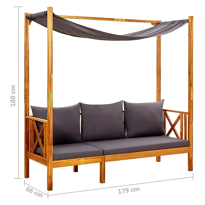 Furnicato Gartenbank Akazienholz geölt - B x T x H: 179 x 66 x 180 cm, Dunkelgrau - Braunes Garten-Tagesbett aus Holz mit grauem Sonnendach und dunklen Kissen, inkl. Maße.