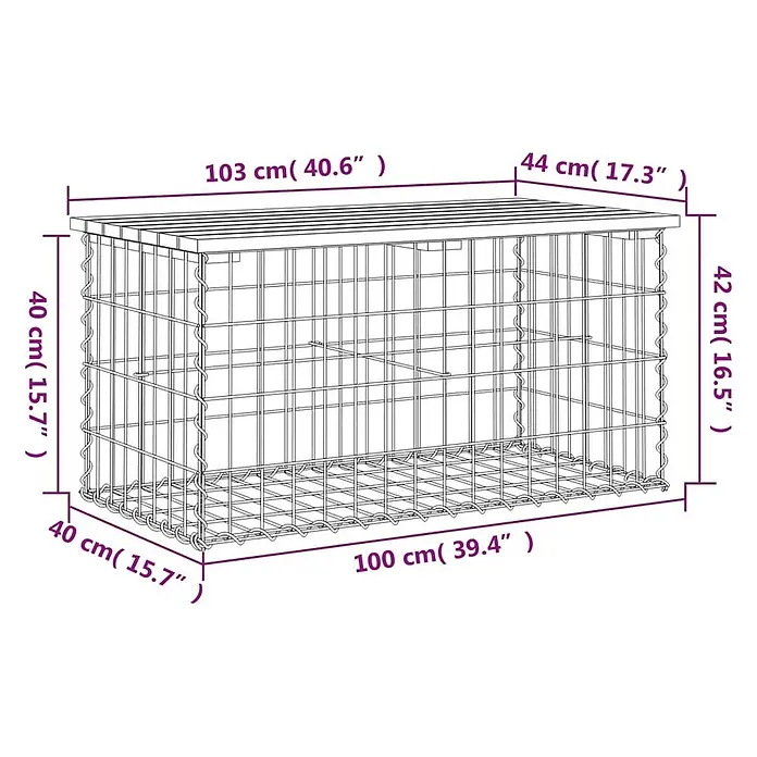 Furnicato Gartenbank - B x T x H: 44 x 103 x 42 cm, Natürliche Kiefer - Drahtgitter-Gabione mit Holzplatte, Maße detailliert angezeigt.