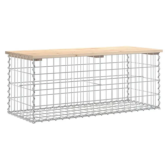 Furnicato Gartenbank - B x T x H: 44 x 103 x 42 cm, Natürliche Kiefer - Gabionenbank mit heller Holzplatte und Metallgitterrahmen.