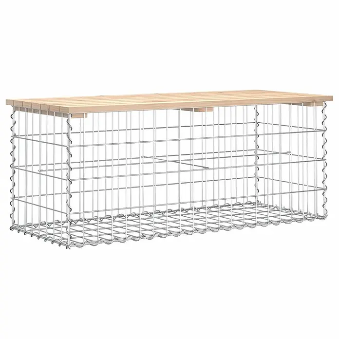 Furnicato Gartenbank - B x T x H: 44 x 103 x 42 cm, Natürliche Kiefer - Lange rechteckige Gabionenbank aus verzinktem Stahldrahtgeflecht mit Holzlattenplatte.