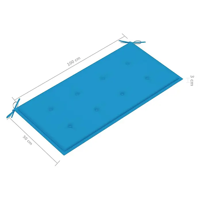Furnicato Gartenbank Teakholz lackiert - B x T x H: 112 x 55 x 94 cm, Blau - Blaues rechteckiges Outdoor-Kissen mit Knopfheftung und Bändern, 100x50x3 cm.