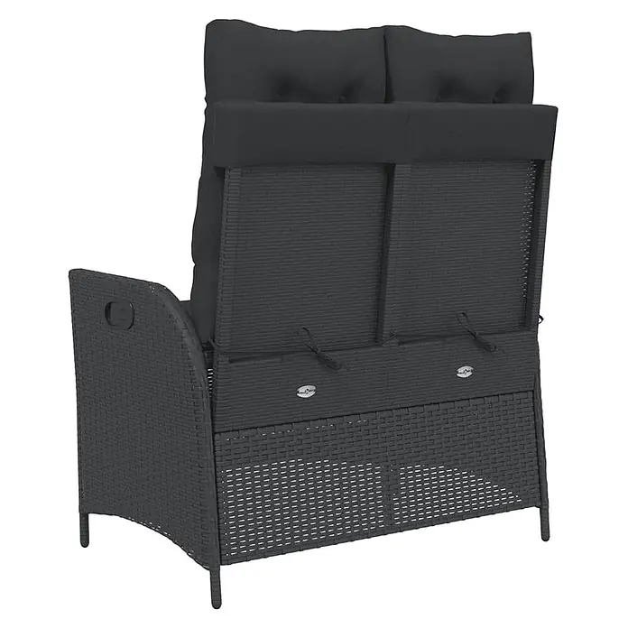 Furnicato Gartenbank - B x T x H: 86 x 86 x 93 cm, Schwarz - Dunkelgraue 2-Sitzer Gartenliege aus Polyrattan mit schwarzen Auflagen, von hinten gesehen.