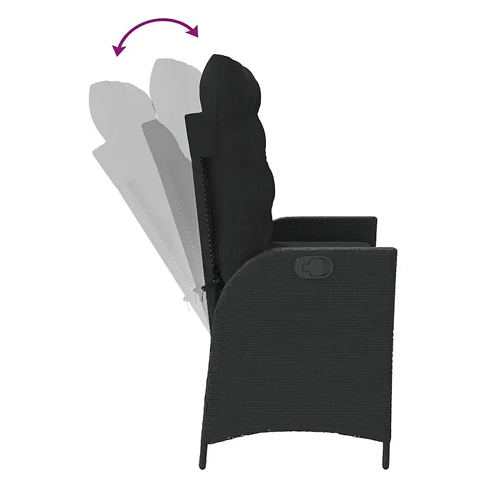 Furnicato Gartenbank - B x T x H: 86 x 86 x 93 cm, Schwarz - Schwarzer Liegesessel aus Geflecht mit schwarzen Kissen, der seine verstellbare Rückenlehne zeigt.