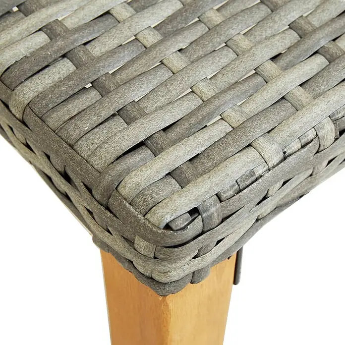 Furnicato Gartenbank Poly Rattan - B x T x H: 40 x 80 x 40 cm, Grau - Ecke eines grauen Geflechtsitzes mit Holzbein, aus strapazierfähigem Kunstrattan.