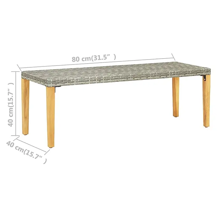 Furnicato Gartenbank Poly Rattan - B x T x H: 40 x 80 x 40 cm, Grau - Graue geflochtene rechteckige Bank mit Holzbeinen, 80 cm L x 40 cm H x 40 cm B.