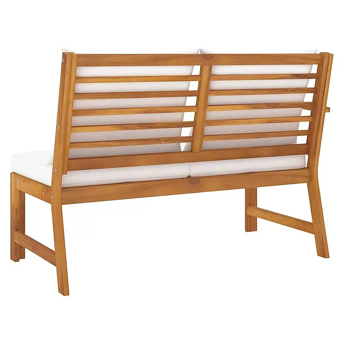 Furnicato Gartenbank - Creme - Zweisitzige braune Holzgartenbank mit Lattenrückenlehne und weißen Sitz- und Rückenkissen.