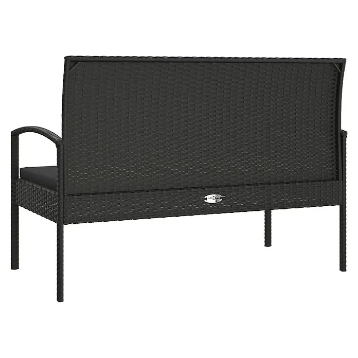 Furnicato Gartenbank - Schwarz - Dunkelgraue Rattan-Gartenbank mit schwarzen Kissen, von hinten gesehen.