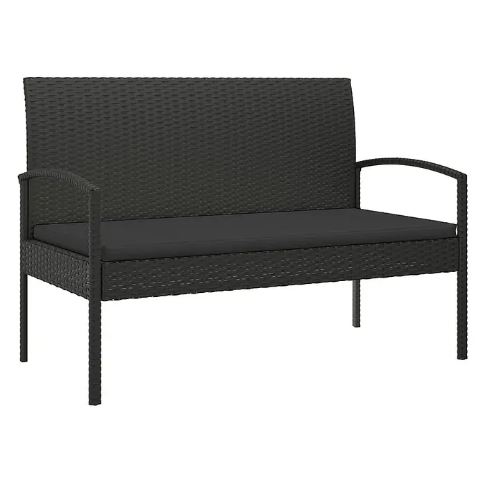 Furnicato Gartenbank - Schwarz - Schwarze Polyrattan-Gartenbank mit Armlehnen und dunkelgrauen Kissen.