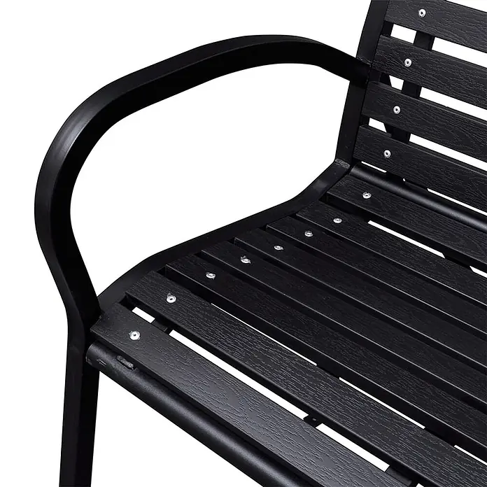 Furnicato Gartenbank WPC - B x T x H: 116 x 59 x 81 cm, Schwarz - Schwarze Lamellen-Outdoorbank mit Metallarmlehne und -gestell.