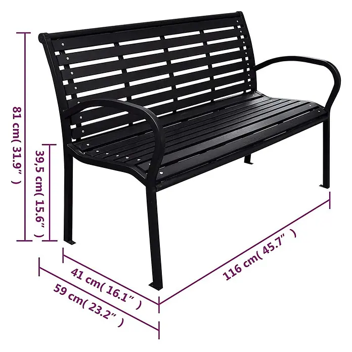 Furnicato Gartenbank WPC - B x T x H: 116 x 59 x 81 cm, Schwarz - Schwarze Gartenbank aus Metall mit Lattenrostsitz und -lehne, Maße angegeben.