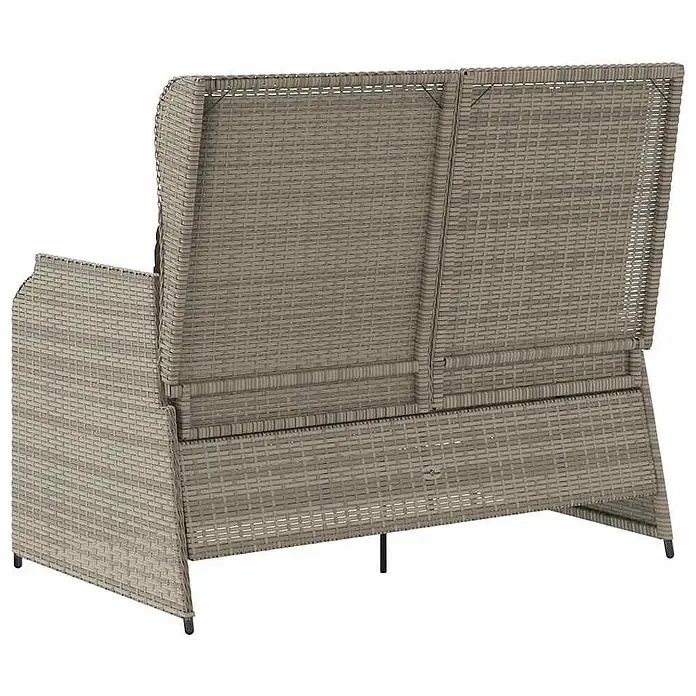Furnicato Gartenbank - B x T x H: 95 x 110 x 95 cm, Hellgrau - Rück- und Seitenansicht eines grauen Outdoor-Sofas aus geflochtenem Rattan mit schwarzen Metallbeinen.