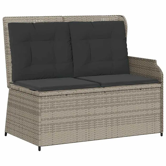 Furnicato Gartenbank - B x T x H: 95 x 110 x 95 cm, Hellgrau - Hellgraue Rattan-Gartenbank mit Stauraum und dunkelgrauen Kissen. Diese Zweisitzerbank bietet Komfort und integrierten Stauraum.