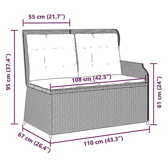 Furnicato Gartenbank - B x T x H: 95 x 110 x 95 cm, Hellgrau - Zweisitzer-Gartensofa aus dunklem Rattan mit hellen Polstern.