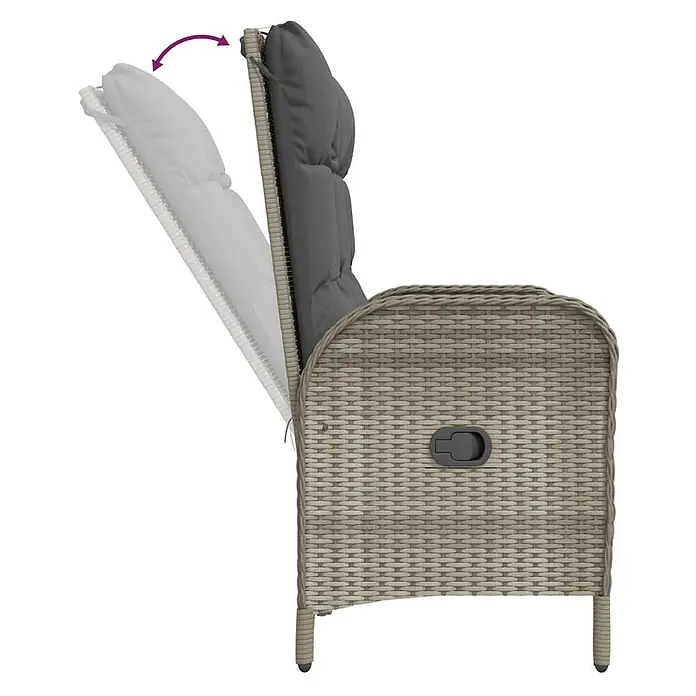 Furnicato Gartenbank - Grau - Hellgrauer Polyrattan-Sessel mit dunkelgrauem Kissen. Verstellbare Rückenlehne mit seitlichem Verstellhebel.