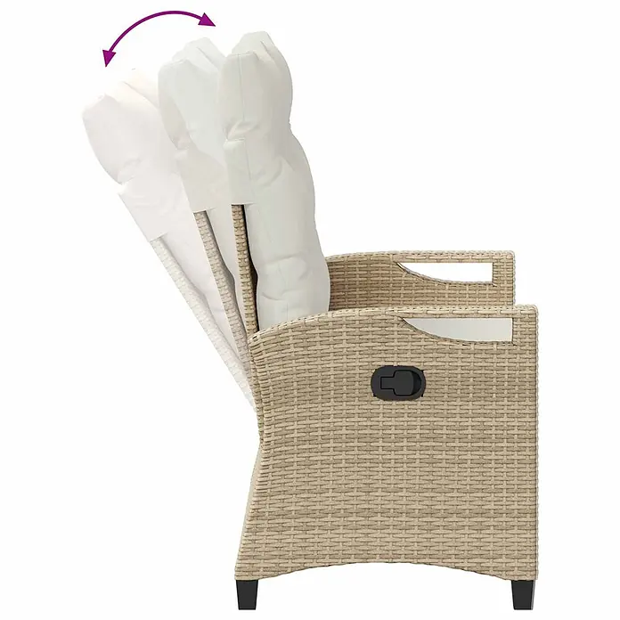 Furnicato Gartenbank pulverbeschichtet - B x T x H: 60 x 105 x 112 cm, Beige und Creme - Beiger Polyrattan-Liegestuhl mit weißen Kissen, zeigt verstellbare Rückenlehne und Seitenhebel.