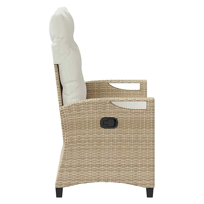 Furnicato Gartenbank pulverbeschichtet - B x T x H: 60 x 105 x 112 cm, Beige und Creme - Seitenansicht eines hellbraunen Korbsessels mit cremefarbenem Kissen und schwarzem Neigungsgriff.
