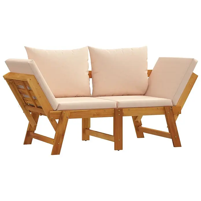 Furnicato Gartenbank Akazien-Massivholz geölt - B x T x H: 205 x 74 x 66 cm, Beige - Hölzerne 2-Sitzer Gartenbank mit cremefarbenen Kissen und verstellbaren schrägen Armlehnen.