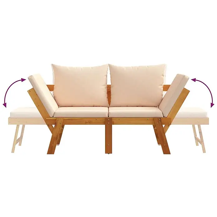 Furnicato Gartenbank Akazien-Massivholz geölt - B x T x H: 205 x 74 x 66 cm, Beige - Hölzernes Gartensofa mit cremefarbenen Kissen, mit verstellbaren Endteilen, die sich zum Liegen ausziehen lassen.