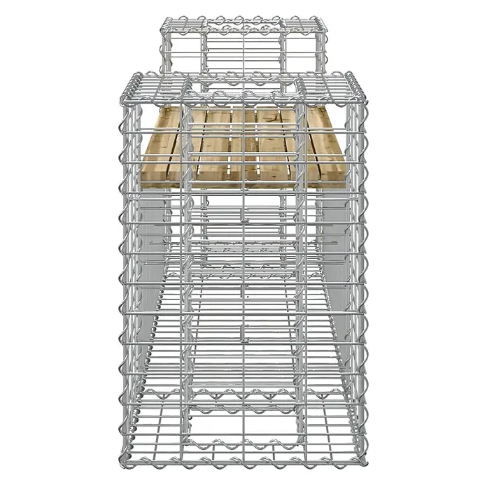 Furnicato Gartenbank Kiefernholz imprägniert - B x T x H: 183 x 41 x 60,5 cm, Dunkelbraun - Rechteckige Metall-Gabionenstruktur mit internen Holzplanken, geeignet für Sitzgelegenheiten oder Gartengestaltung.
