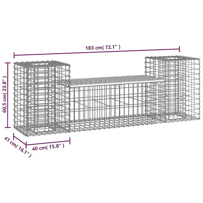 Furnicato Gartenbank Douglasien-Massivholz - B x T x H: 183 x 41 x 60,5 cm, Natürliches Douglasie - Drahtgitter-Gabionenbankrahmen, 183 cm lang, 60,5 cm hoch, 40 cm tief.