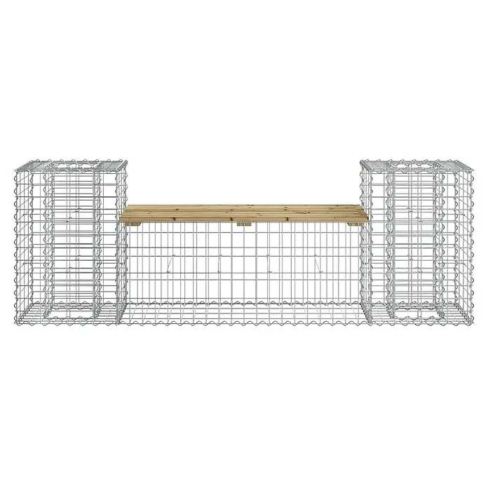 Furnicato Gartenbank Kiefernholz imprägniert - B x T x H: 183 x 41 x 60,5 cm, Dunkelbraun - Silberne Gabionenbank mit einer natürlichen Holzlatten-Sitzfläche.