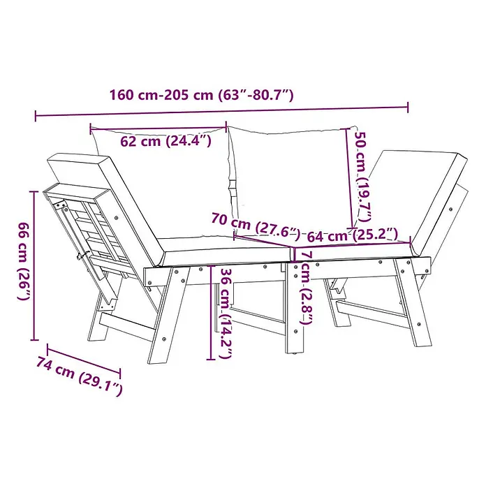 Furnicato Gartenbank Akazien-Massivholz geölt - B x T x H: 205 x 74 x 66 cm, Beige - Hölzerne Gartenliege mit Kissen und verstellbaren Rückenlehnen, mit Maßen dargestellt.