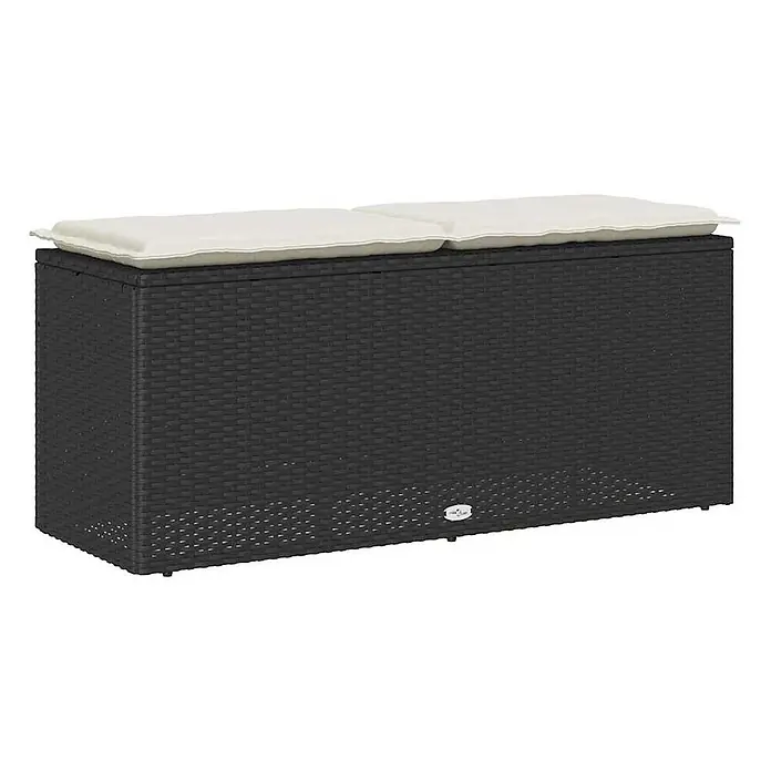 Furnicato Gartenbank PE-Rattan - B x T x H: 110 x 40 x 44 cm, Schwarz - Dunkelgraue Rattan-Outdoor-Aufbewahrungsbox mit zwei cremefarbenen Kissen als Sitzbank.
