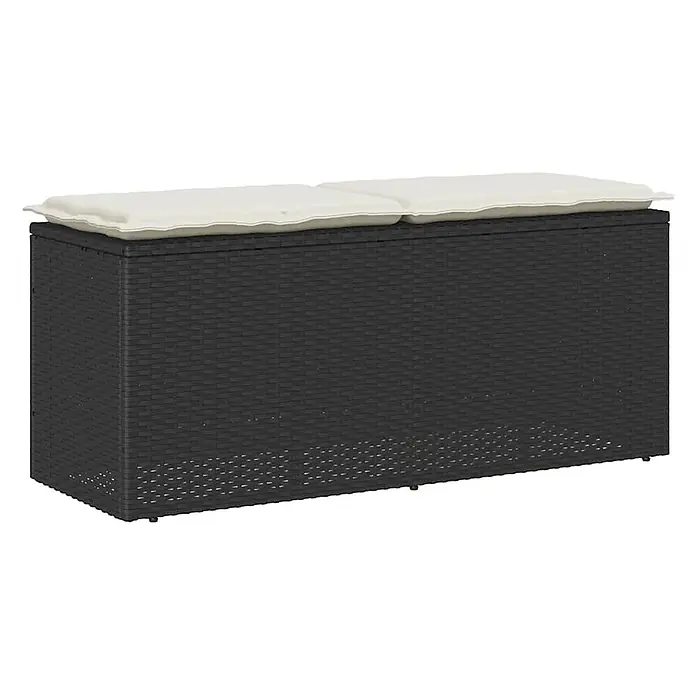 Furnicato Gartenbank - B x T x H: 110 x 40 x 44 cm, Schwarz - Schwarze Rattan-Sitzbank mit zwei weißen Kissen.