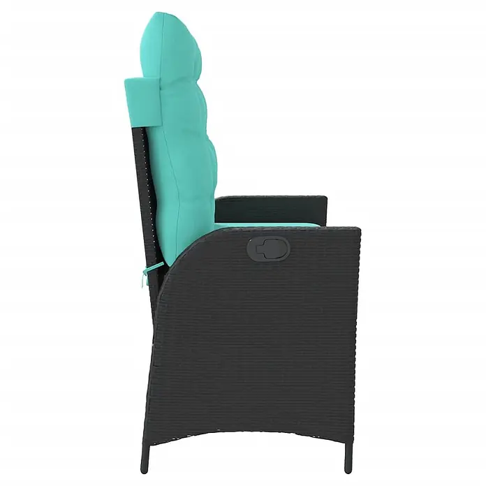 Furnicato Gartenbank - B x T x H: 59 x 86 x 93 cm, Schwarz - Seitenansicht eines schwarzen geflochtenen Gartenliegenstuhls mit türkiser Auflage und Verstellgriff.