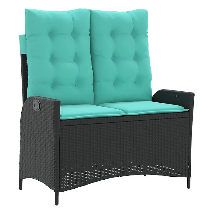 Furnicato Gartenbank PE-Rattan - B x T x H: 104 x 86 x 83 cm, Schwarz - Schwarze Rattan 2-Sitzer Gartenbank mit integriertem Stauraum und zwei türkisfarbenen Kissen.