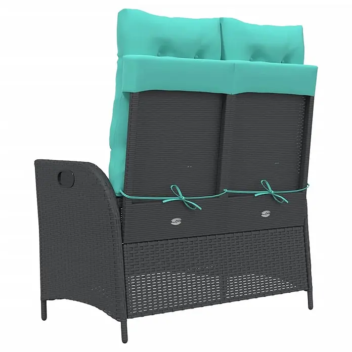 Furnicato Gartenbank PE-Rattan - B x T x H: 104 x 86 x 83 cm, Schwarz - Dunkelgraues Polyrattan 2-Sitzer Gartensofa mit türkisen Kissen, von hinten gesehen. Kissen sind festgebunden.