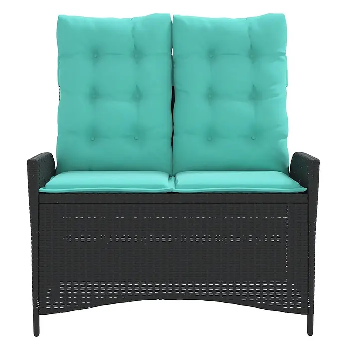 Furnicato Gartenbank PE-Rattan - B x T x H: 104 x 86 x 83 cm, Schwarz - Schwarze Rattan-Gartenbank für 2 Personen mit türkisfarbenen Polster-Sitz- und Rückenauflagen.