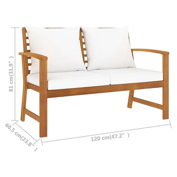 Furnicato Gartenbank - Creme - Hölzerne 2-Sitzer Gartenbank mit weißen Kissen, Maße: 120x60,5x81 cm (BxTxH).