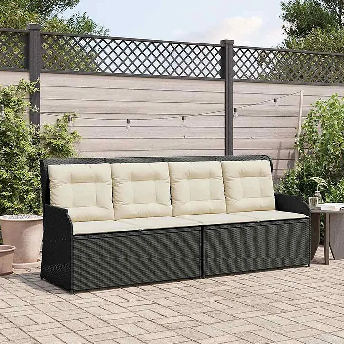 Furnicato Gartenbank - B x T x H: 67 x 110 x 95 cm, Schwarz - Dunkelgraues Rattan-Outdoor-Sofa mit cremefarbenen Kissen und integriertem Stauraum für den Garten.