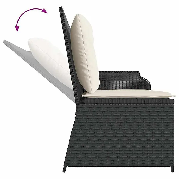 Furnicato Gartenbank PE-Rattan - B x T x H: 110 x 95 x 85 cm, Schwarz - Dunkelgrauer Rattan-Gartenstuhl mit beigen Kissen, zeigt die verstellbare Rückenlehne in zwei Positionen.