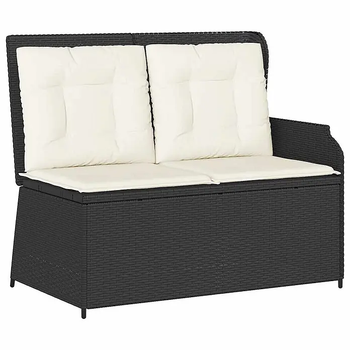 Furnicato Gartenbank PE-Rattan - B x T x H: 110 x 95 x 85 cm, Schwarz - Dunkelgraue Rattan-2-Sitzer Garten-Aufbewahrungsbank mit cremefarbenen Kissen.