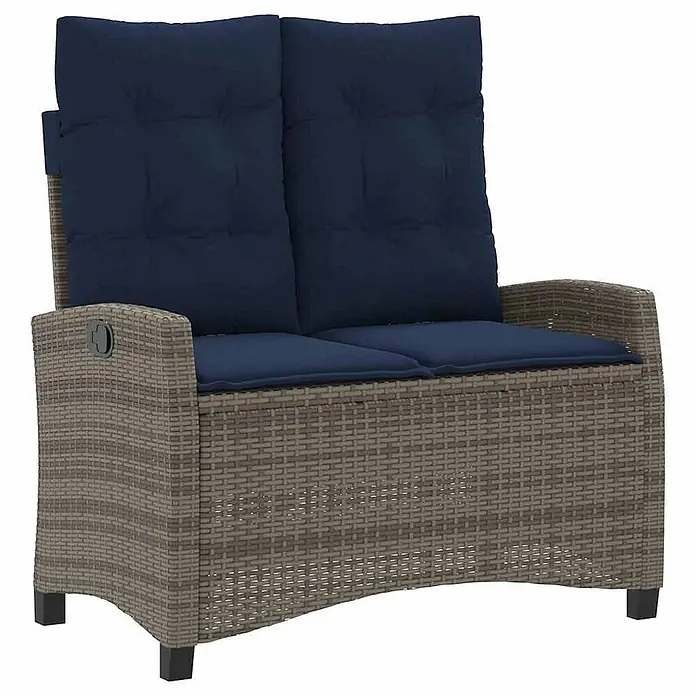 Furnicato Gartenbank PE-Rattan - B x T x H: 105 x 90 x 83 cm, Grau - Zweisitzer-Gartensofa aus grauem Polyrattan mit marineblauen Kissen.
