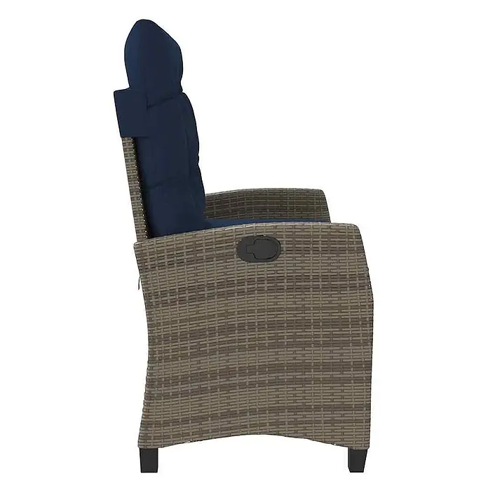 Furnicato Gartenbank PE-Rattan - B x T x H: 105 x 90 x 83 cm, Grau - Seitenansicht eines braunen Korbsessels mit dunkelblauen Kissen und schwarzem Neigungshebel.