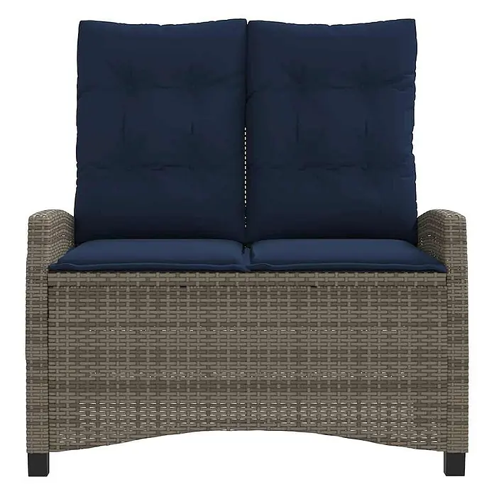 Furnicato Gartenbank PE-Rattan - B x T x H: 105 x 90 x 83 cm, Grau - Zweisitzer-Gartensofa im Rattan-Stil mit grauem Gestell und dunkelblauen Kissen.