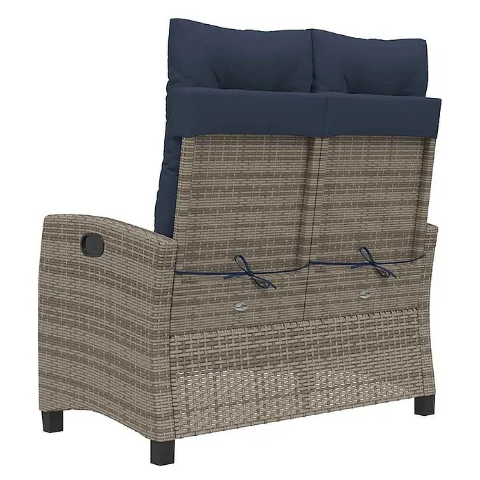 Furnicato Gartenbank PE-Rattan - B x T x H: 105 x 90 x 83 cm, Grau - Zweisitziges Gartensofa in Rattanoptik beige mit dunkelblauen Kissen und Liegefunktion.