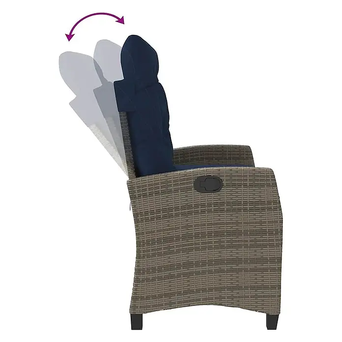 Furnicato Gartenbank PE-Rattan - B x T x H: 105 x 90 x 83 cm, Grau - Brauner Polyrattan-Liegestuhl mit blauer Auflage, der den verstellbaren Neigungswinkel der Rückenlehne zeigt.